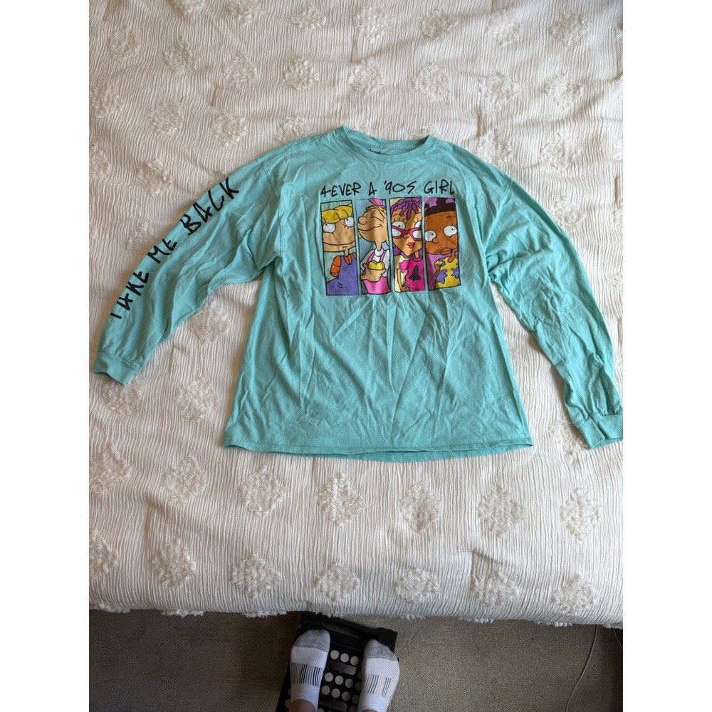 Nickelodeon 4Ever A 90s Girl Long Sleeve Tee Aqua Rugrats Hey Arnold XL Rare
